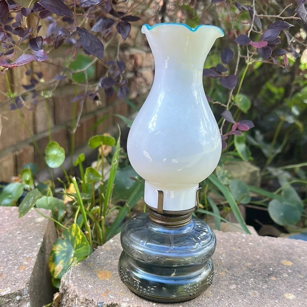 Vintage Three Star brand Glass Oil Lamp with White and Blue Accents
